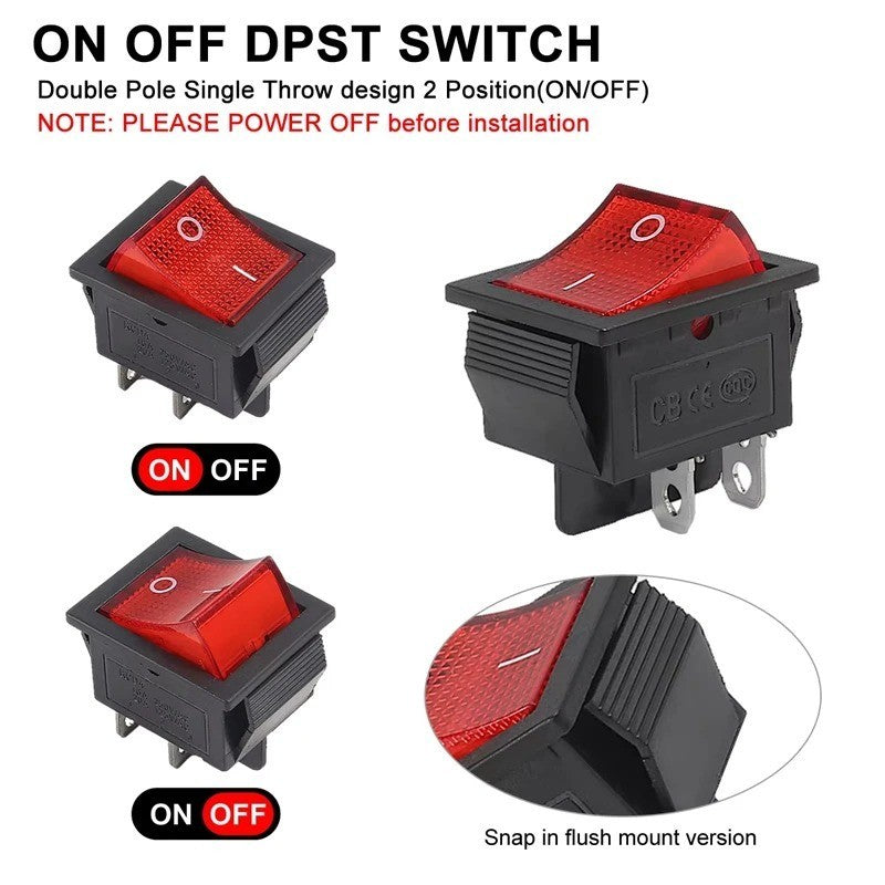 1x 30A 250V Heavy Duty KCD2 Rocker Switch ON OFF DPST 4 Pin With Red Light