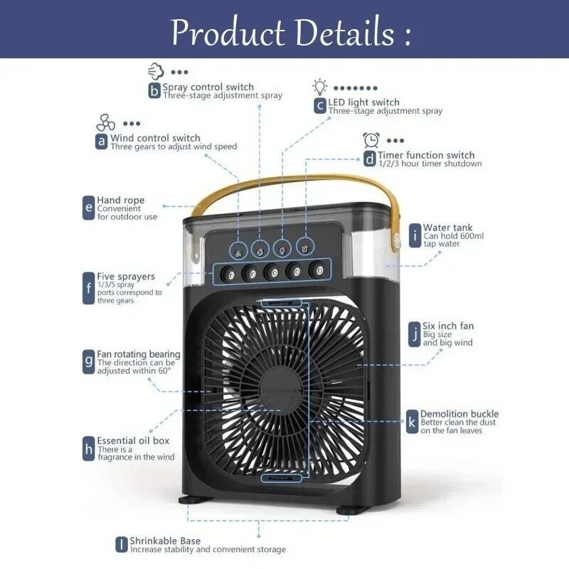 Portable Air Conditioner Fan Household Hydrocooling Water Mist Cooler 3 Speed
