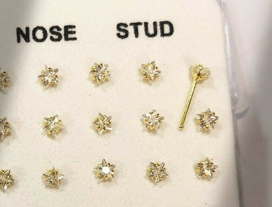 Gold Colour Zircon Star Nose Stud Ring Ball End Piercing Sterling Silver