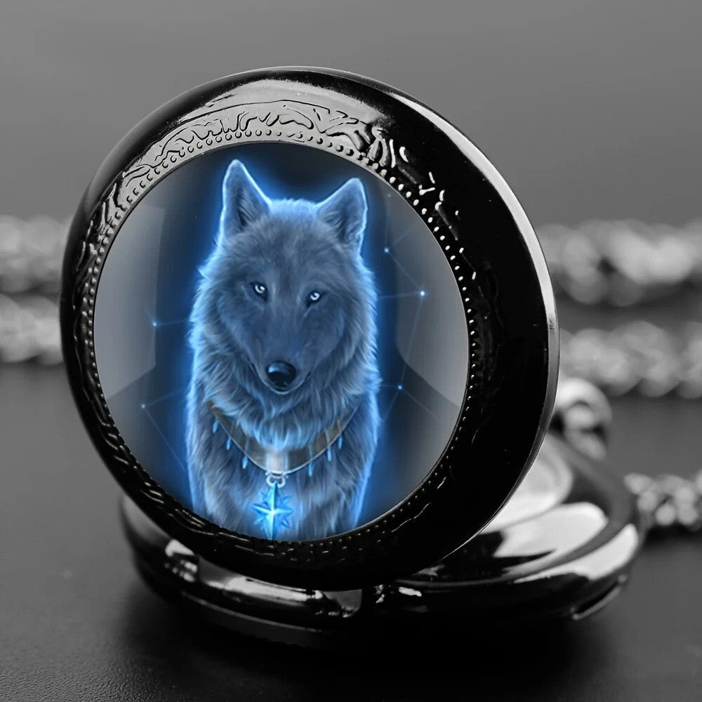 Wolf Animal Pattern Quartz Pocket Watch with Necklace Pendant World Time Feature