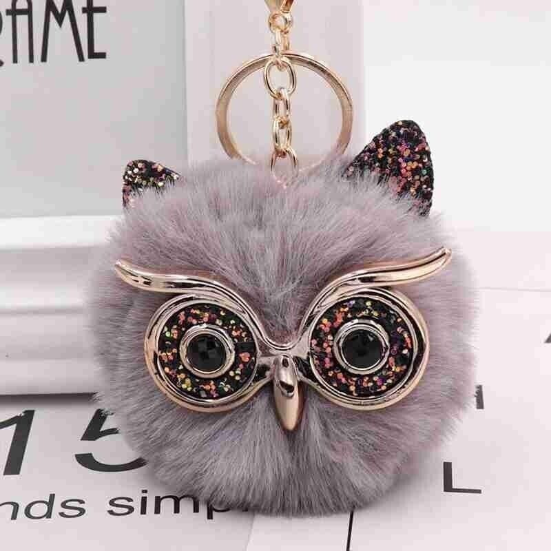 Owl Key Ring Key Chain Rabbit Fur Fluffy Ball Pom Handbag Key Ring (19 Colours)