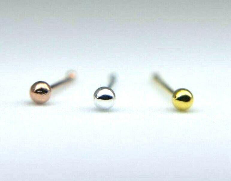 Silver Ball Nose Stud Sterling Silver 925 2mm Bone End (Silver, Gold, Rose)