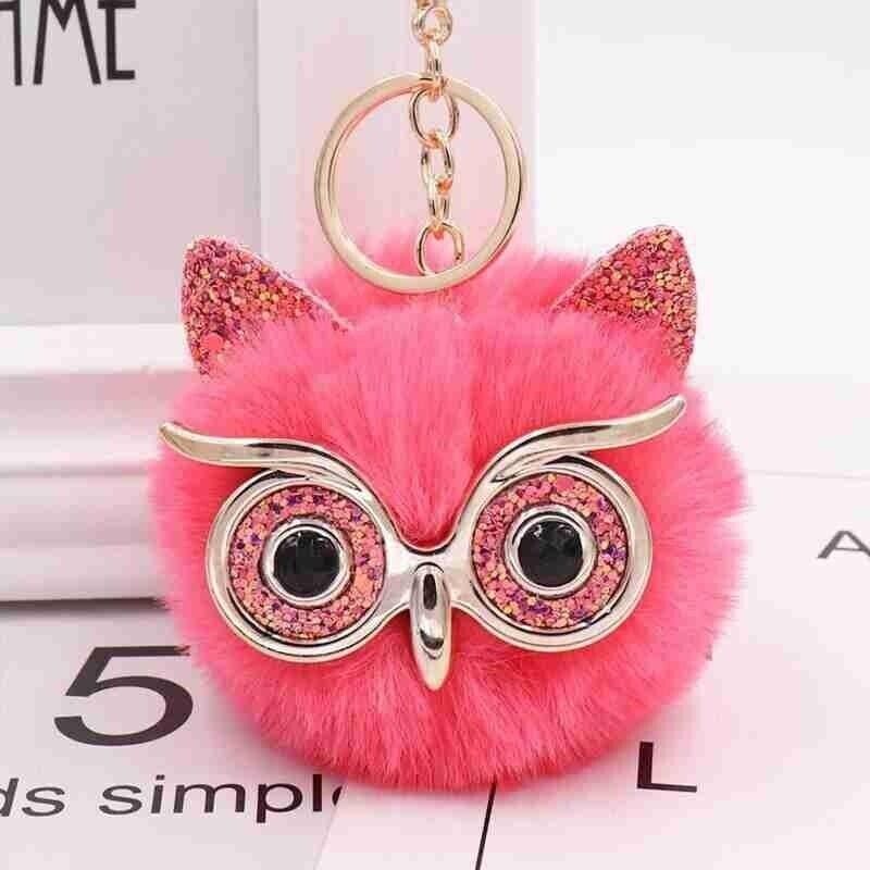 Owl Key Ring Key Chain Rabbit Fur Fluffy Ball Pom Handbag Key Ring (19 Colours)