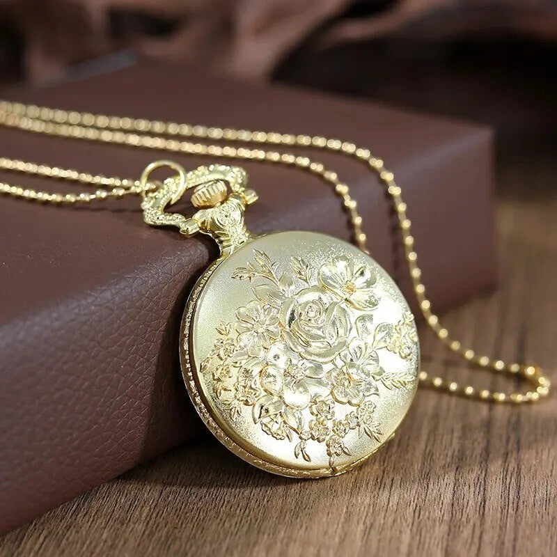 Gold Flower Quartz Pocket Watch Double-sided Printing Fashion Design Pendant