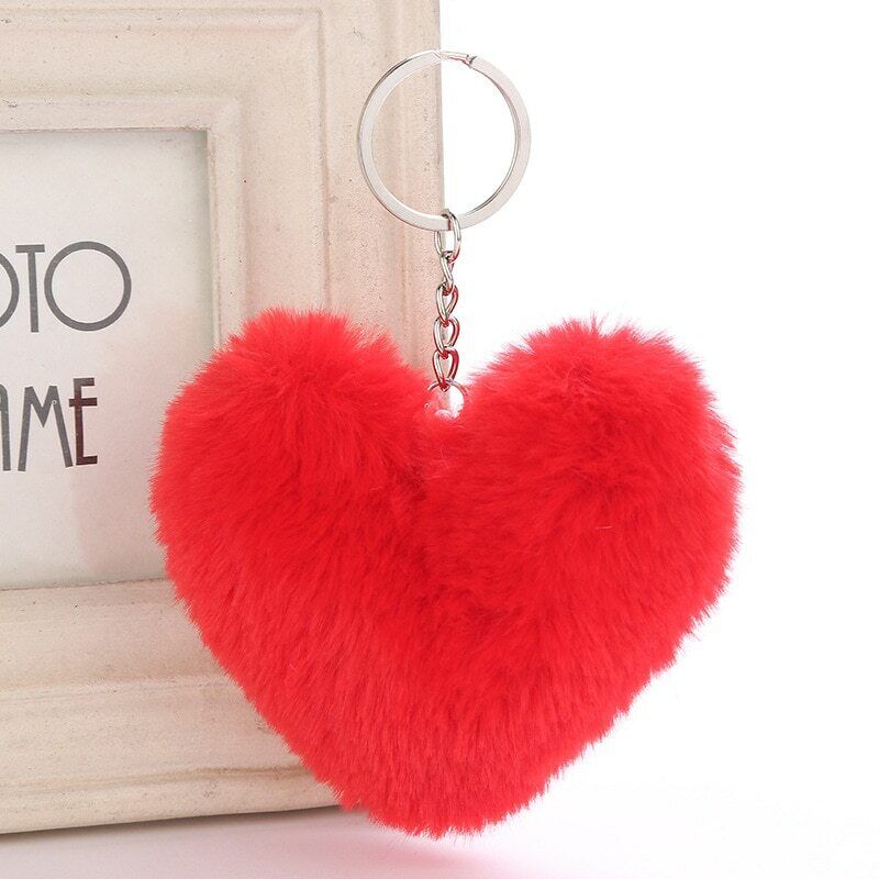 Heart Shape Keychain Faux Rabbit Fur Hand Bag Key Ring Pompom Fluffy