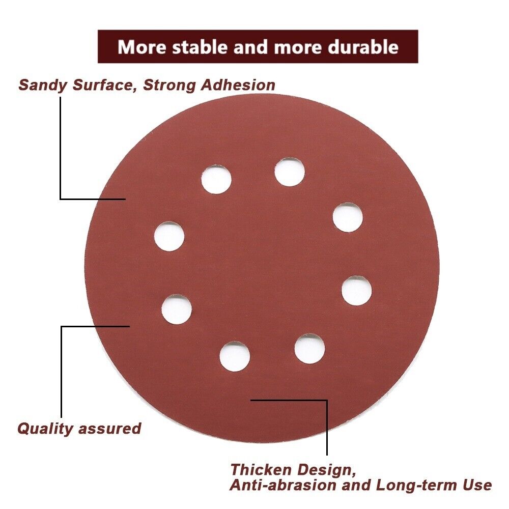 5Inch 125mm Round Sandpaper 8 Holes Disk Sand Sheets Grit 80-3000 Hook