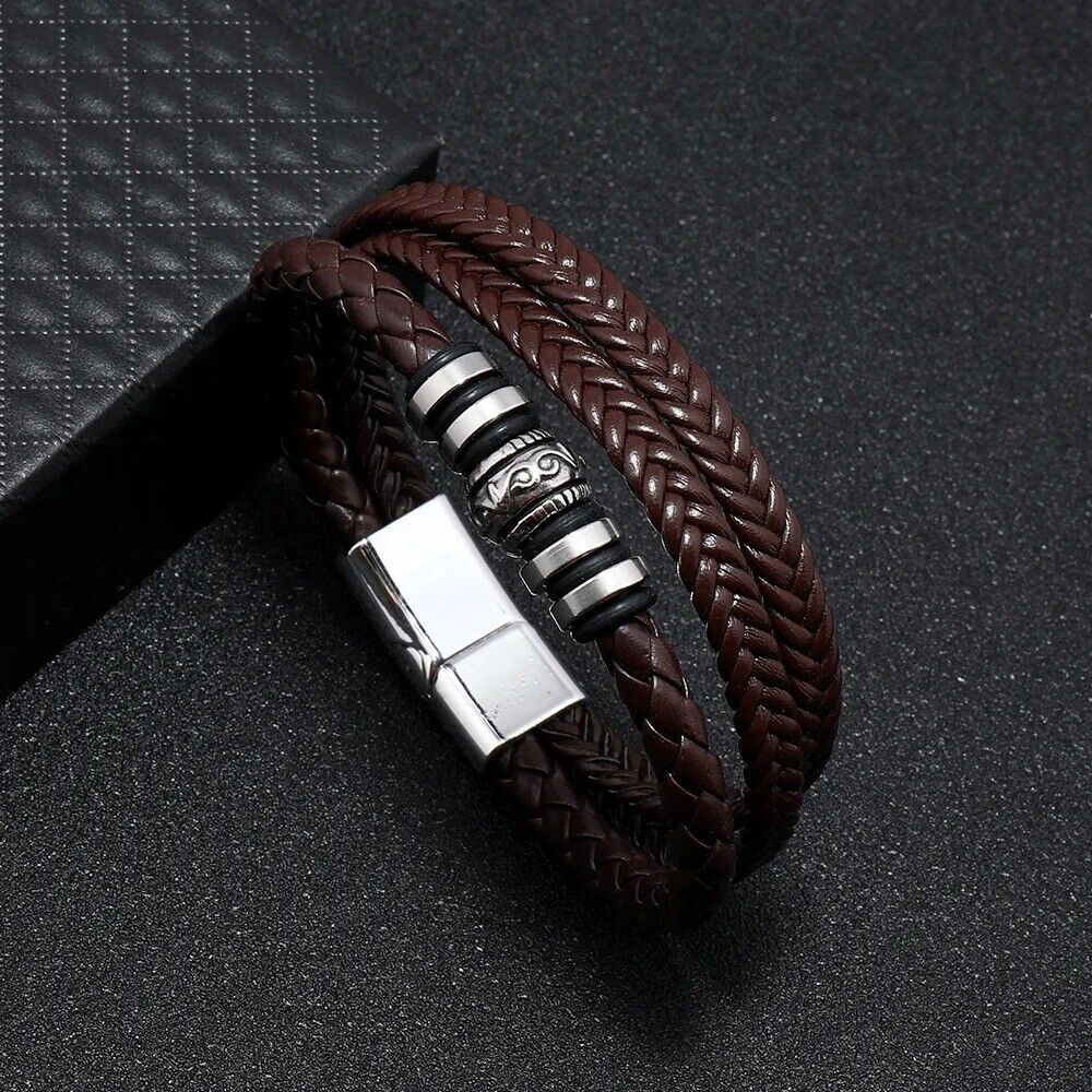 Leather Bracelets for Men Stainless Steel Bracelet 21CM Multilayer Braided Rope