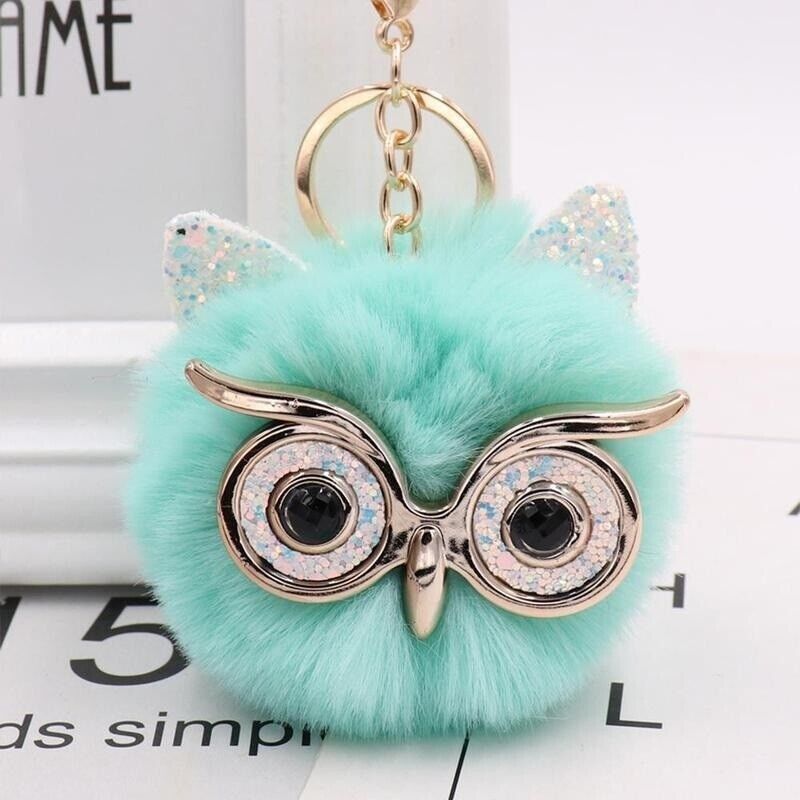 Owl Key Ring Key Chain Rabbit Fur Fluffy Ball Pom Handbag Key Ring (19 Colours)