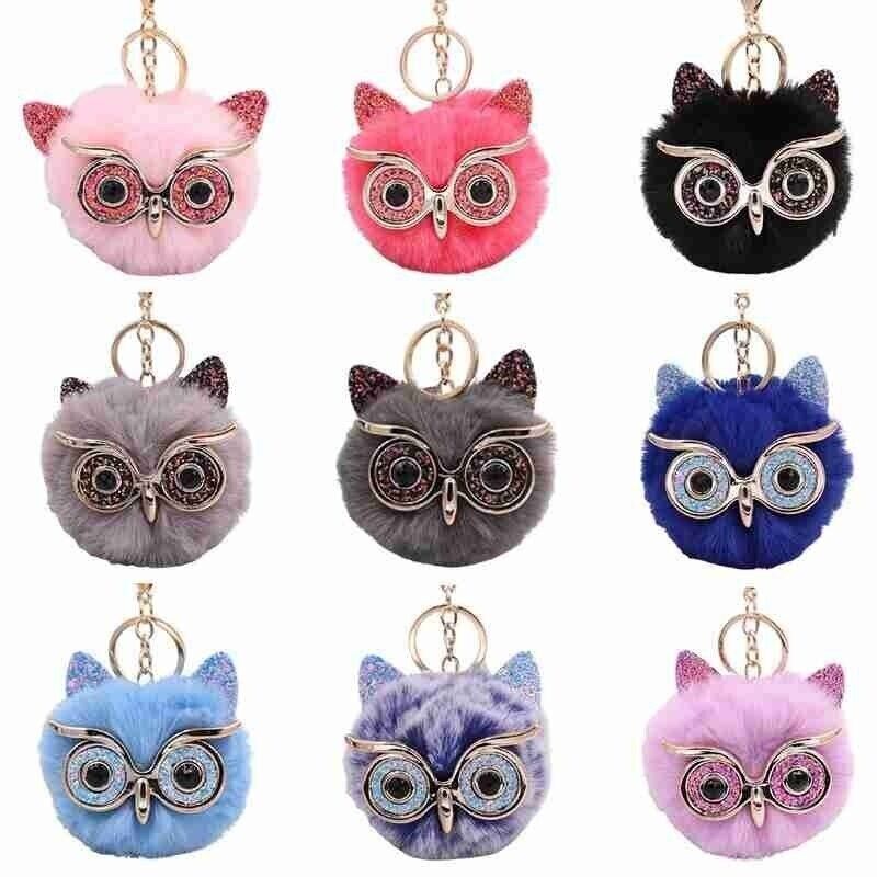 Owl Key Ring Key Chain Rabbit Fur Fluffy Ball Pom Handbag Key Ring (19 Colours)