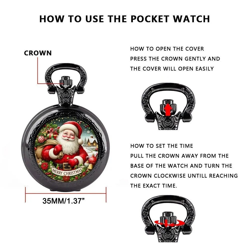 Mini Szie Black Round Santa Claus Design Quartz Pocket Watch