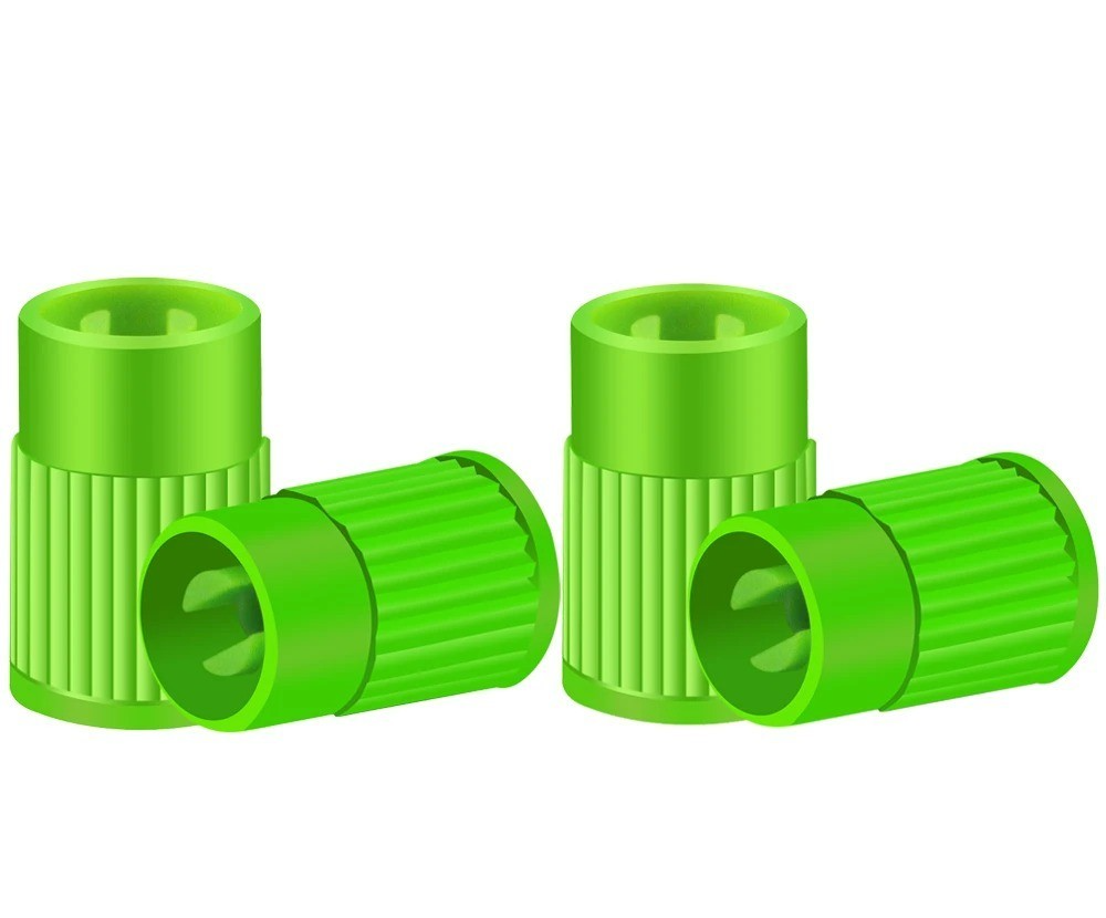 4x Green Plastic Tyre Valve Caps with Built-in Valve Core Remover Tool
