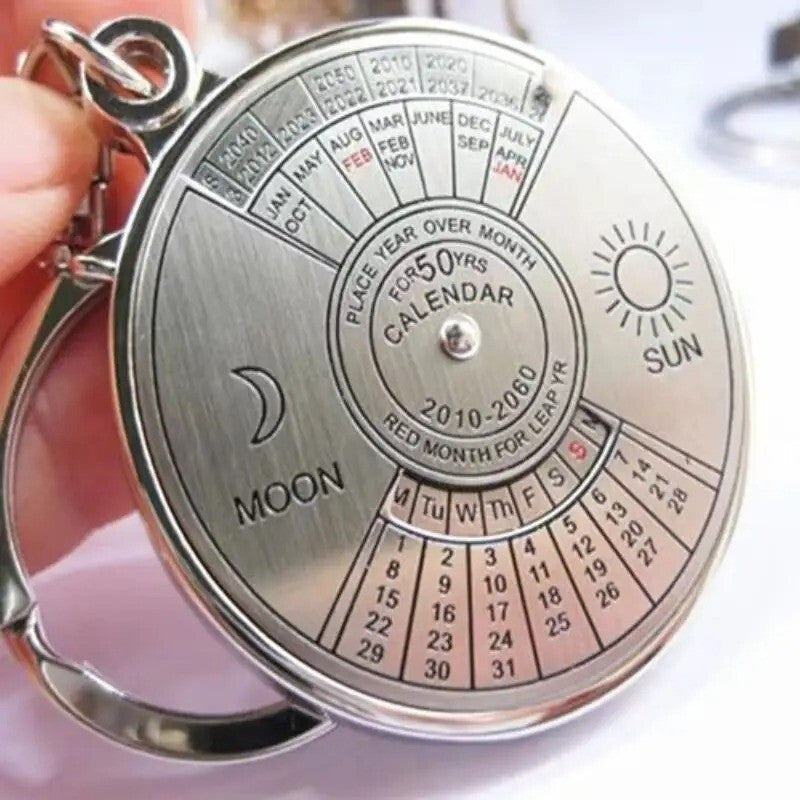 50 Years Perpetual Calendar Keychain Silver Alloy Keyring Key Decoration