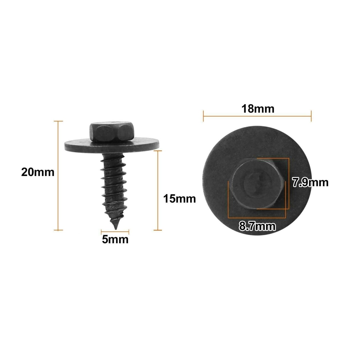 4.8 x 19mm Self Tapping Tapper Screw & Washer for BMW Hex Head 8mm 10x Screws