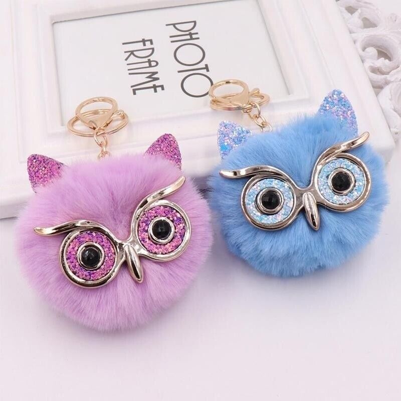 Owl Key Ring Key Chain Rabbit Fur Fluffy Ball Pom Handbag Key Ring (19 Colours)