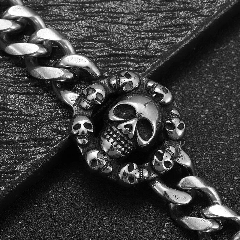 Retro Stainless Steel Gothic Full Skull Ghost Head Bracelet for Men Punk Motorcy