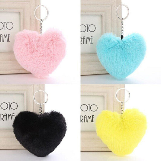 Heart Shape Keychain Faux Rabbit Fur Hand Bag Key Ring Pompom Fluffy