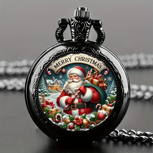 Mini Szie Black Round Santa Claus Design Quartz Pocket Watch