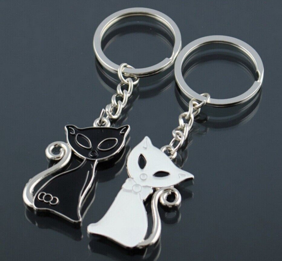 Keyring Key Chain for Couples Pair of Black and White Cats Gift Present