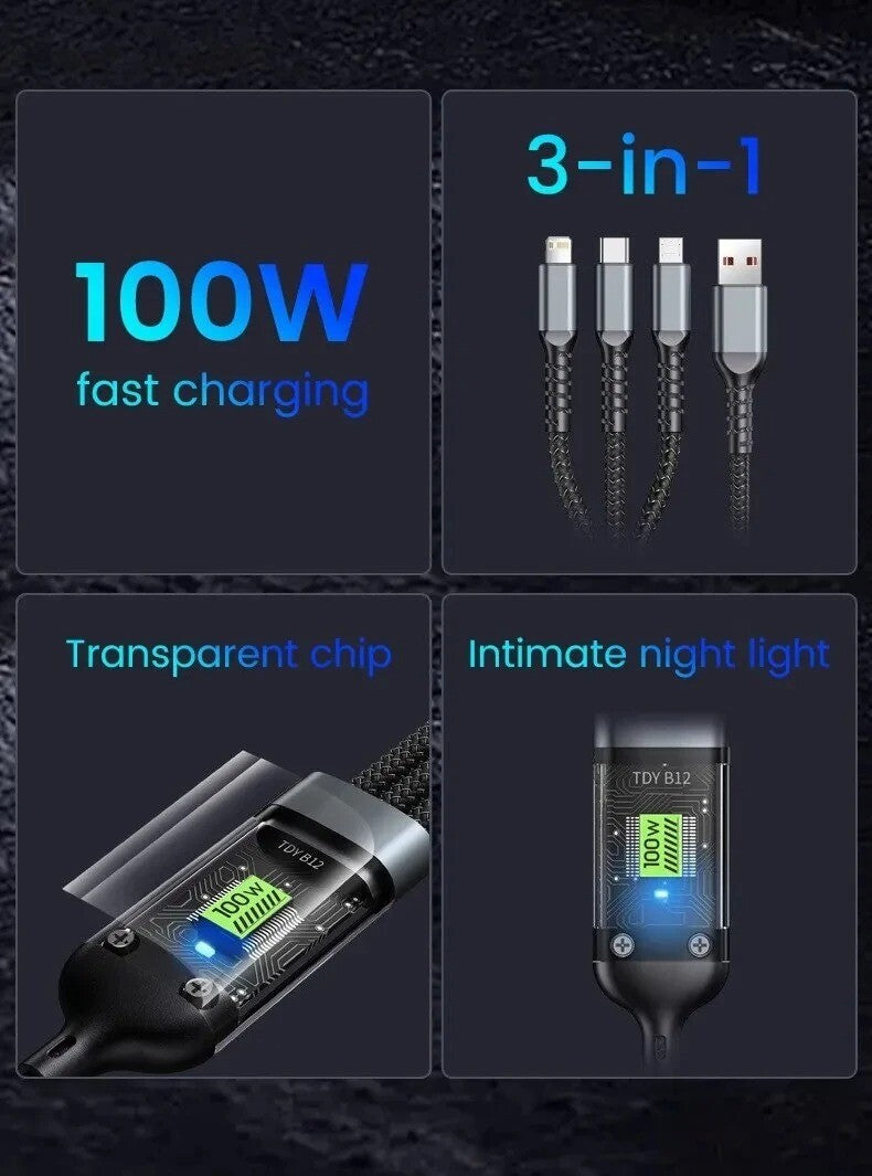 100W 3 in 1 USB Cable Type C Cable for Samsung Xiaomi Huawei Iphone Charger