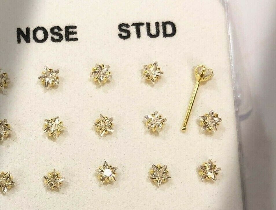 Gold Colour Zircon Star Nose Stud Ring Ball End Piercing Sterling Silver 