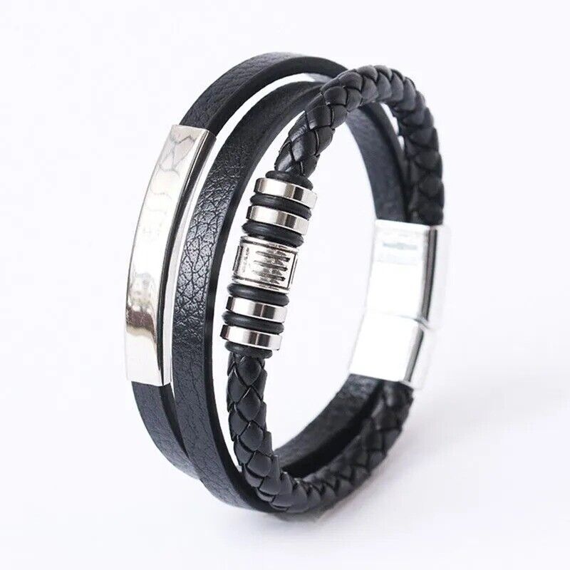 Leather Bracelets for Men Stainless Steel Bracelet 21CM Multilayer Braided Rope