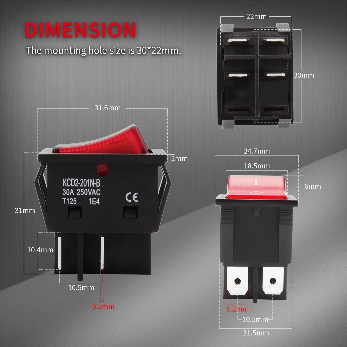 1x 30A 250V Heavy Duty KCD2 Rocker Switch ON OFF DPST 4 Pin With Red Light