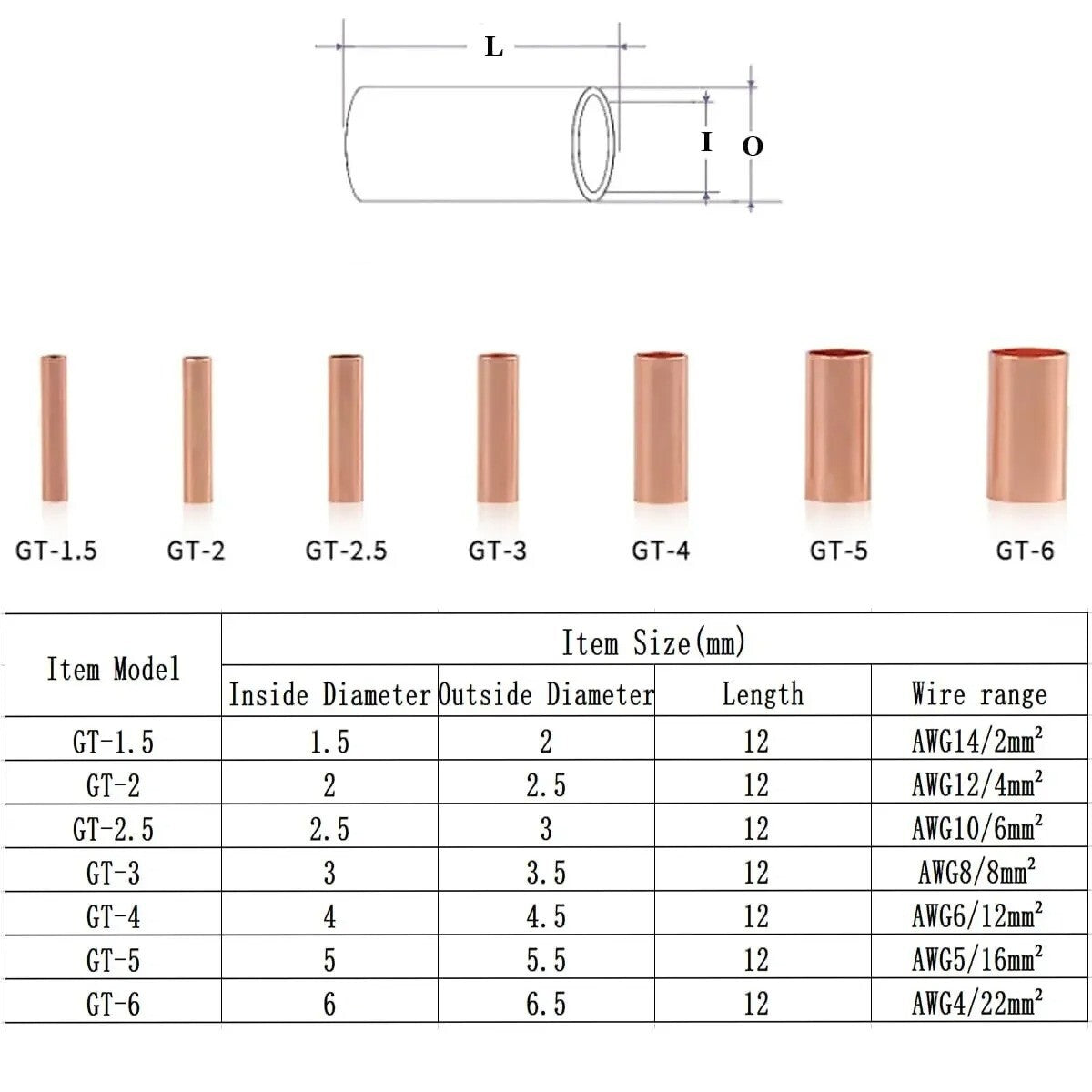 10x Wire Ferrules 7 Size Copper Crimp Connector Electrical Butt Terminal