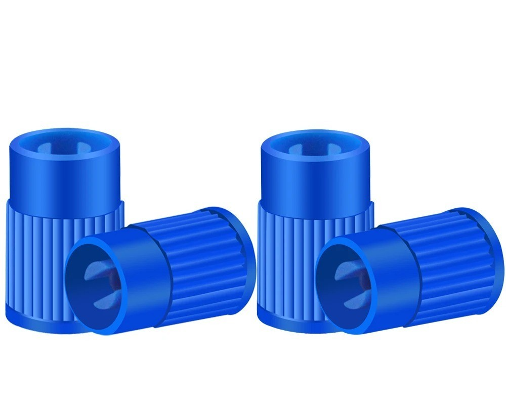 4x Blue Plastic Tyre Valve Caps with Built-in Valve Core Remover Tool