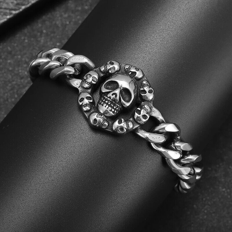 Retro Stainless Steel Gothic Full Skull Ghost Head Bracelet for Men Punk Motorcy