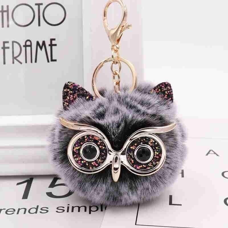 Owl Key Ring Key Chain Rabbit Fur Fluffy Ball Pom Handbag Key Ring (19 Colours)