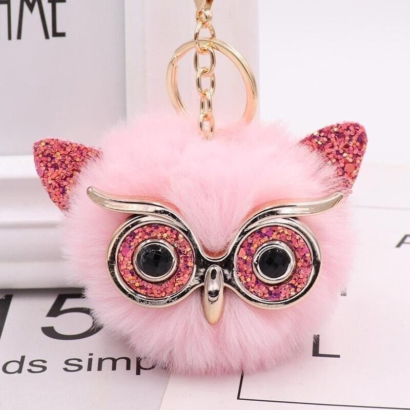 Owl Key Ring Key Chain Rabbit Fur Fluffy Ball Pom Handbag Key Ring (19 Colours)