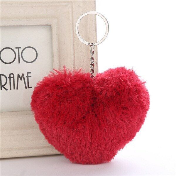 Heart Shape Keychain Faux Rabbit Fur Hand Bag Key Ring Pompom Fluffy