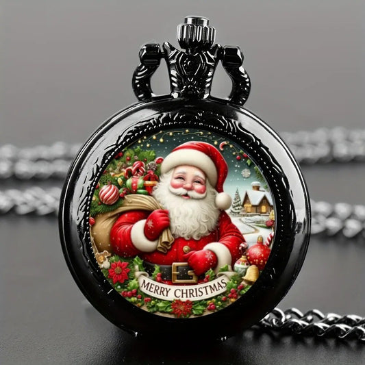 Mini Szie Black Round Santa Claus Design Quartz Pocket Watch