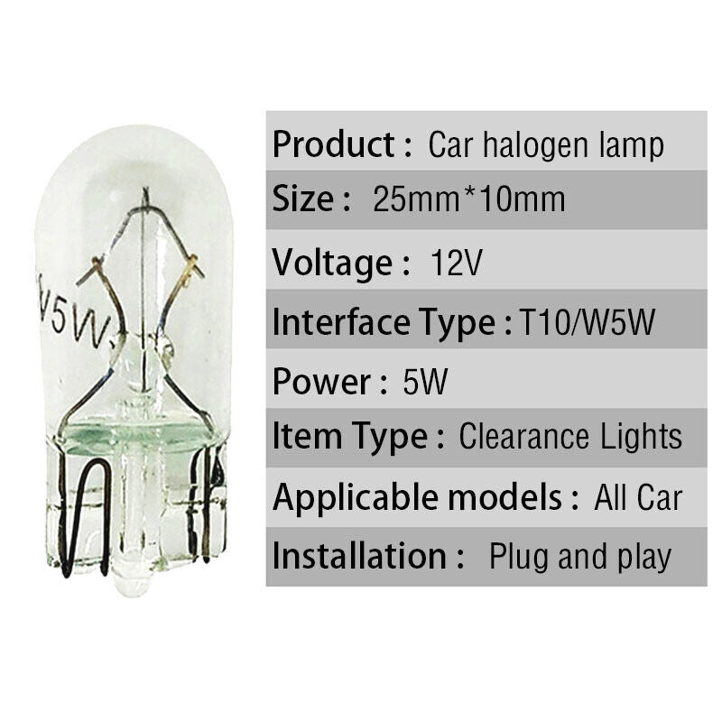 10x Car T10 Halogen W5W 194 158 Wedge 12v 5w Bulbs (5 Colours)