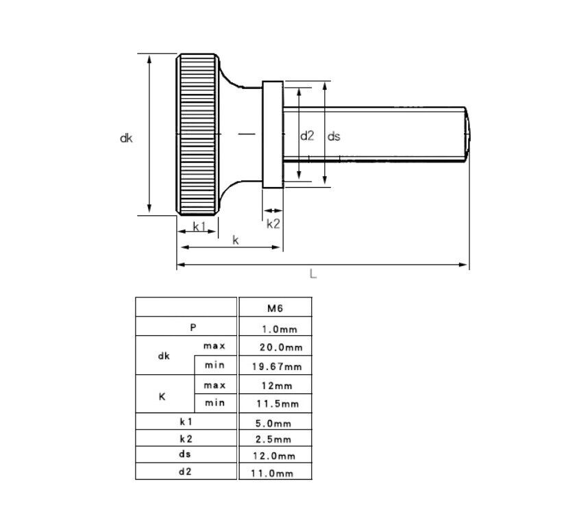 M6 8mm-50mm Carbon Steel Knurled Thumb Manual Adjustment Screws