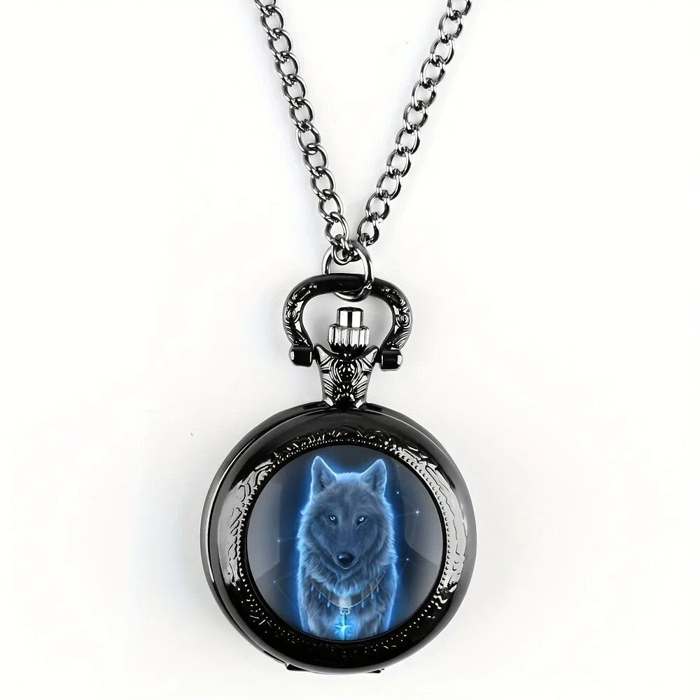 Wolf Animal Pattern Quartz Pocket Watch with Necklace Pendant World Time Feature