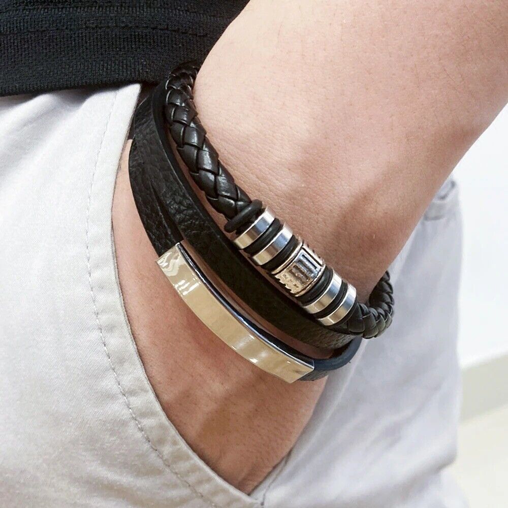 Leather Bracelets for Men Stainless Steel Bracelet 21CM Multilayer Braided Rope