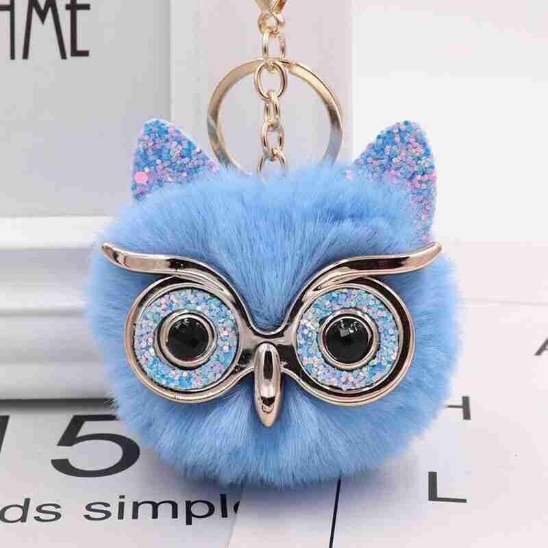 Owl Key Ring Key Chain Rabbit Fur Fluffy Ball Pom Handbag Key Ring (19 Colours)