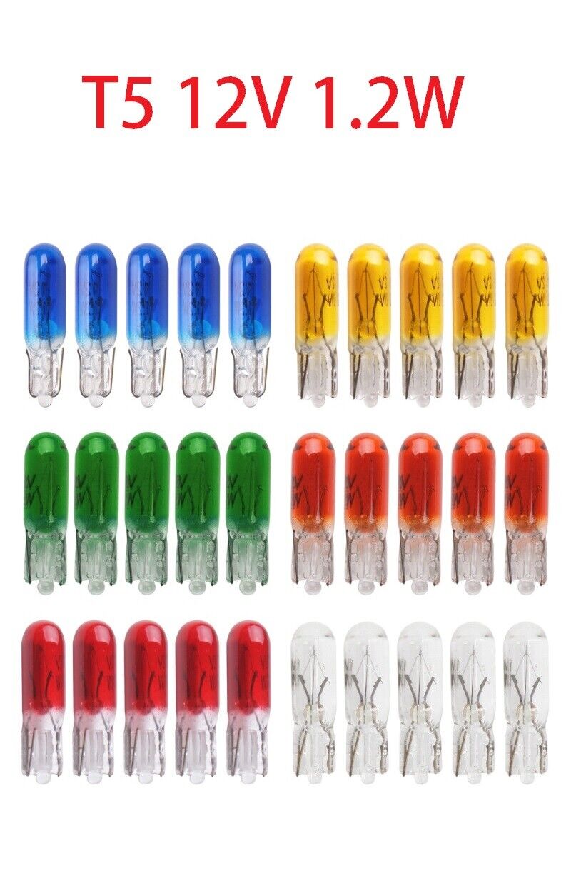 T5 12v 1.2w Halogen Lamp Instrument Lights Dashboard Bulbs 6 Colours