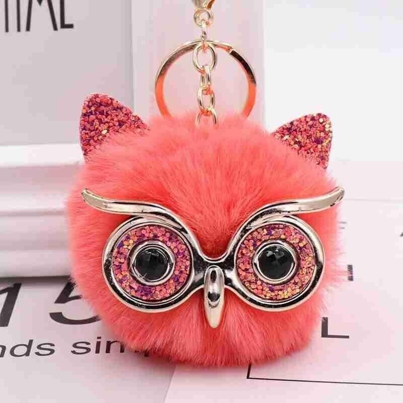 Owl Key Ring Key Chain Rabbit Fur Fluffy Ball Pom Handbag Key Ring (19 Colours)