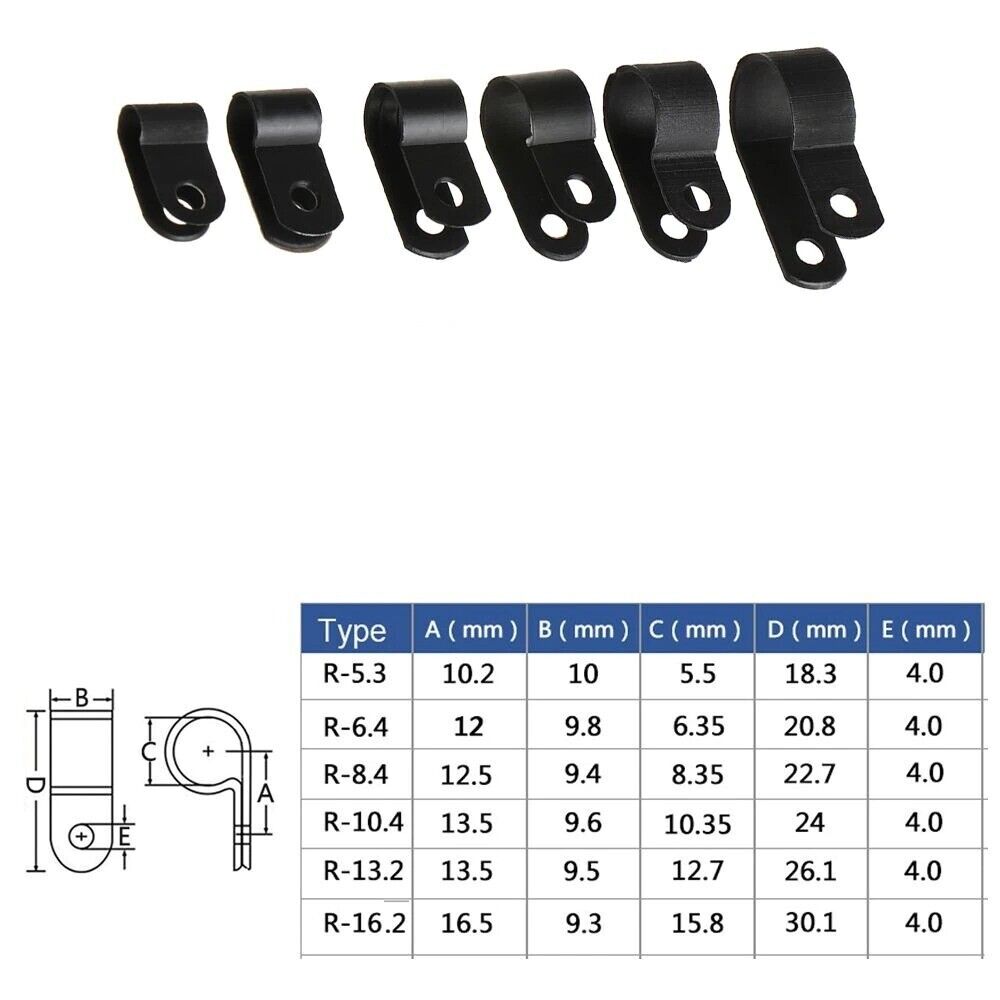 R-Type Nylon Cable Clamps Black Fasteners Cable Clamps (7 Sizes) 