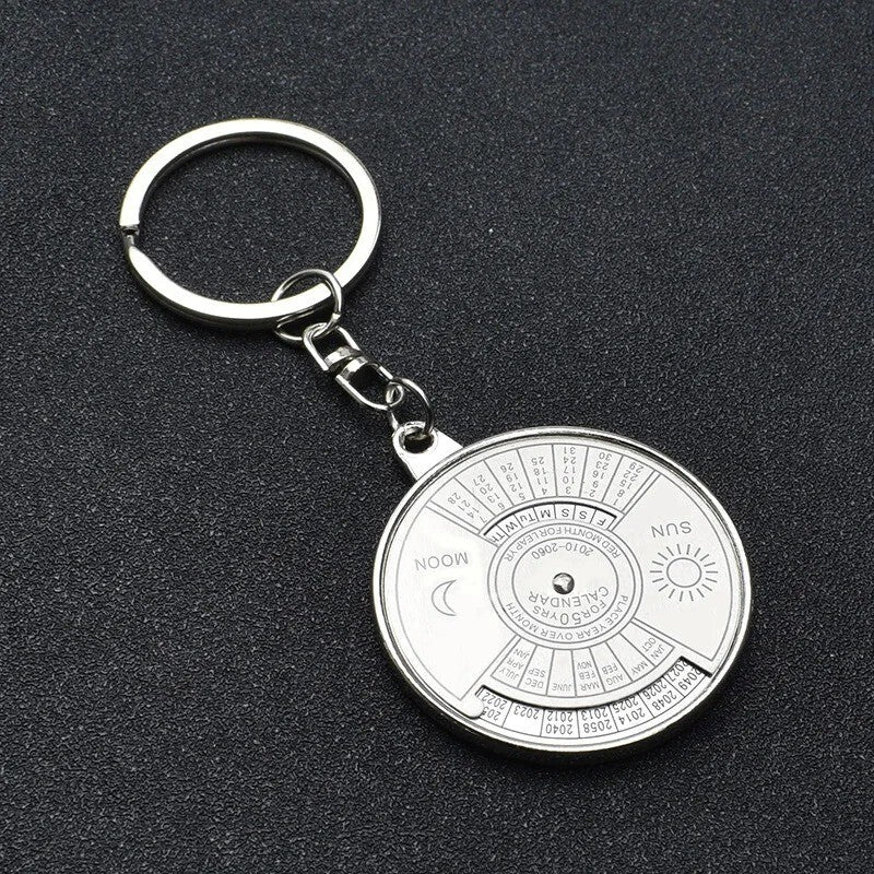 50 Years Perpetual Calendar Keychain Silver Alloy Keyring Key Decoration
