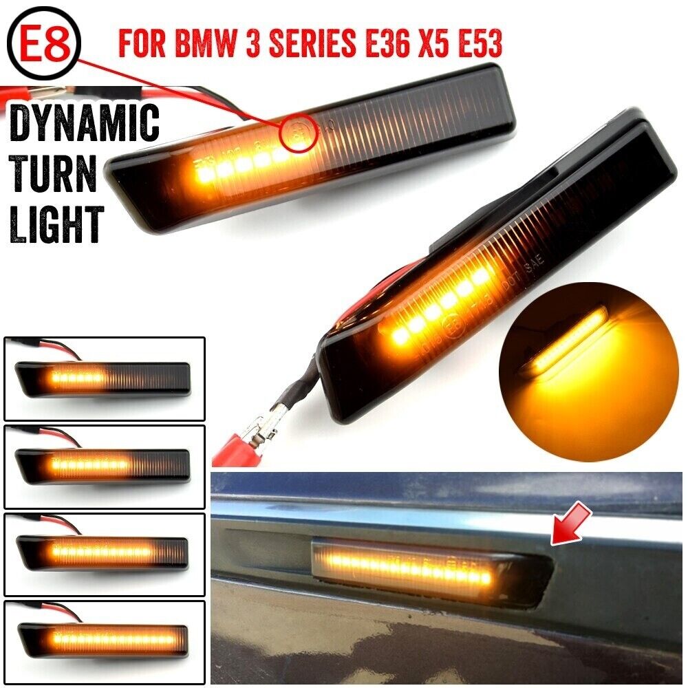 2x Dynamic LED Side Indicator Repeater Light with Smoked Lens for BMW X5 E53 E36