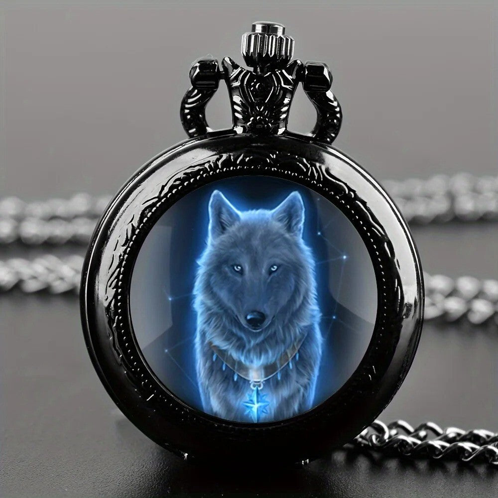 Wolf Animal Pattern Quartz Pocket Watch with Necklace Pendant World Time Feature