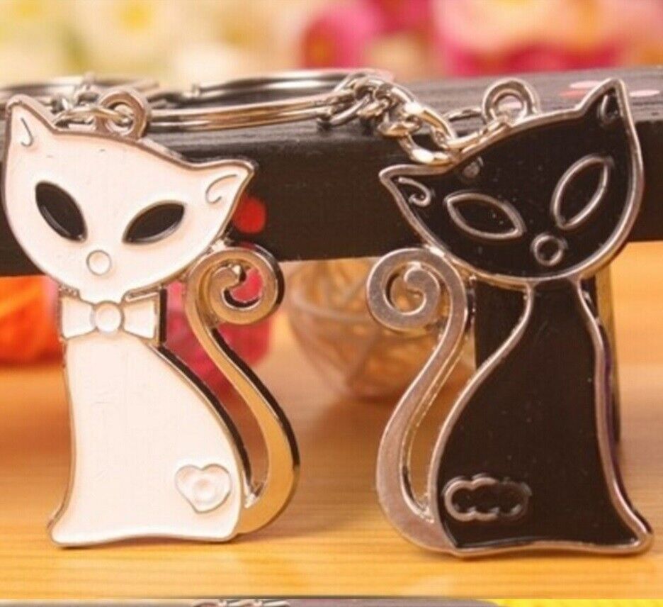 Keyring Key Chain for Couples Pair of Black and White Cats Gift Present