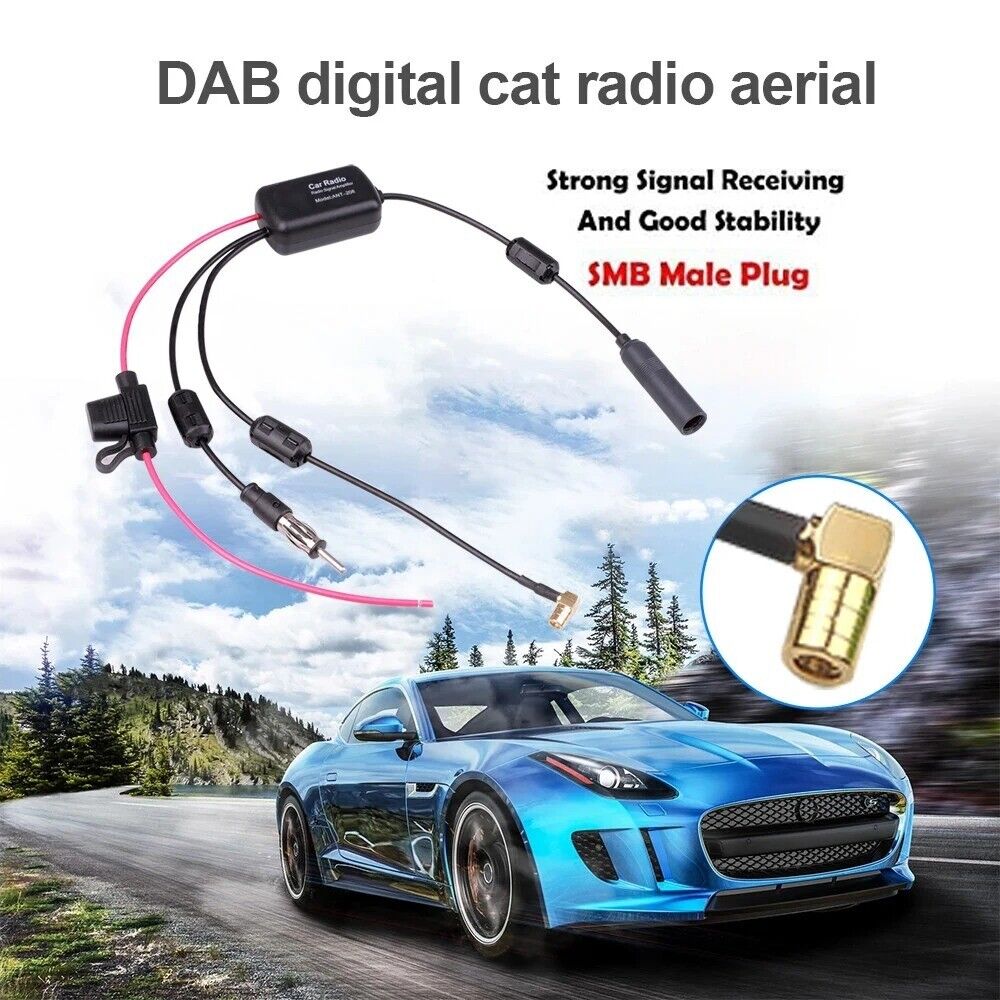 DAB+FM+Car Stereo Antenna Aerial Splitter Cable Adapter 12V Signal Amplifier