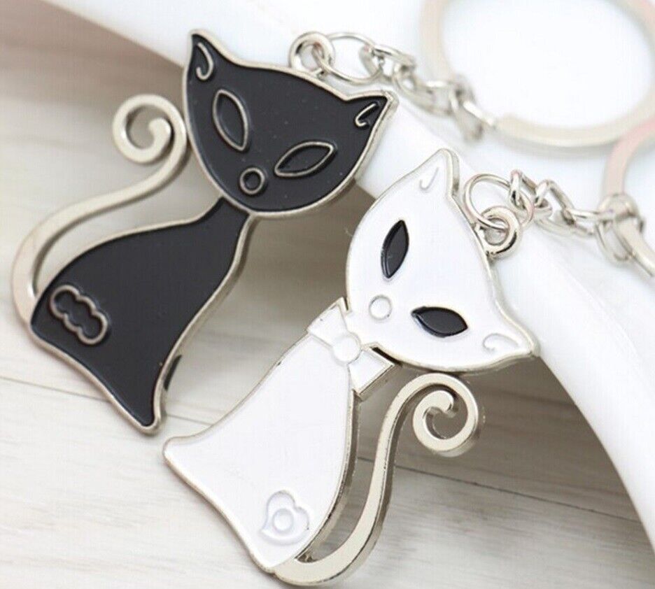 Keyring Key Chain for Couples Pair of Black and White Cats Gift Present