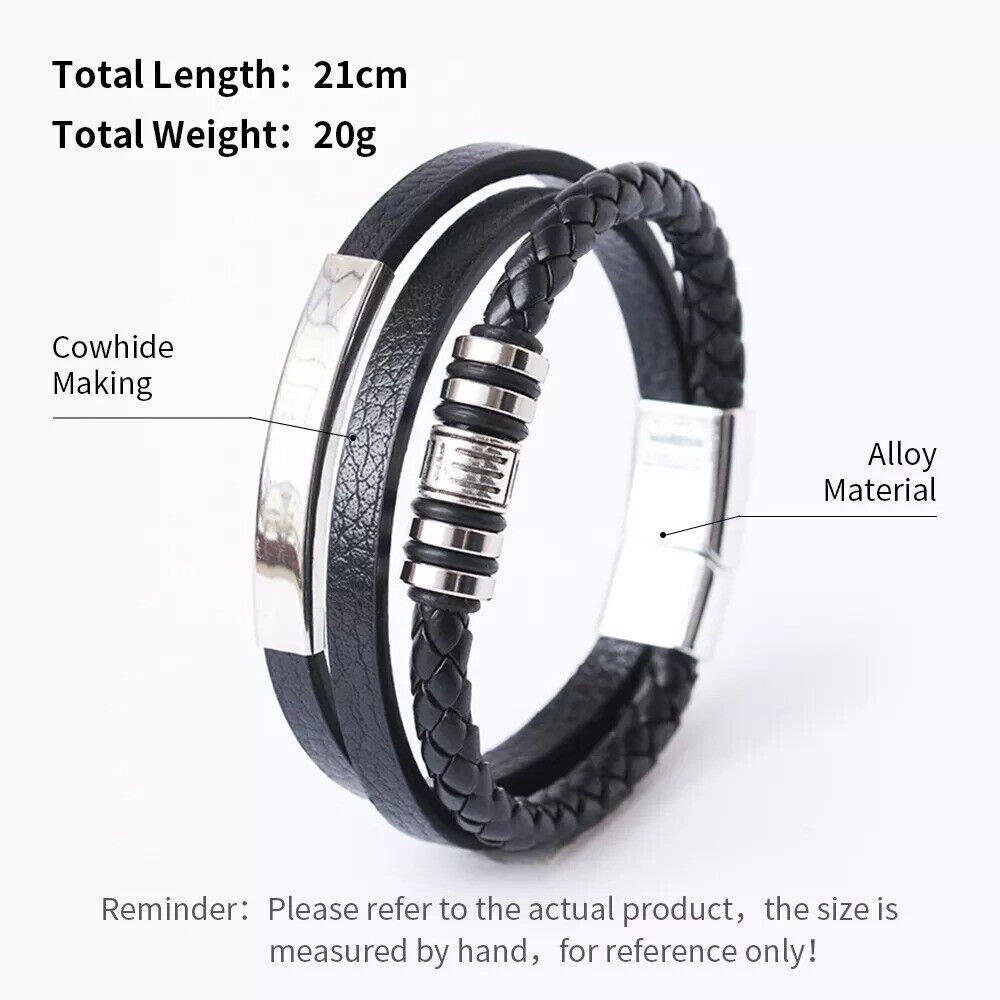 Leather Bracelets for Men Stainless Steel Bracelet 21CM Multilayer Braided Rope