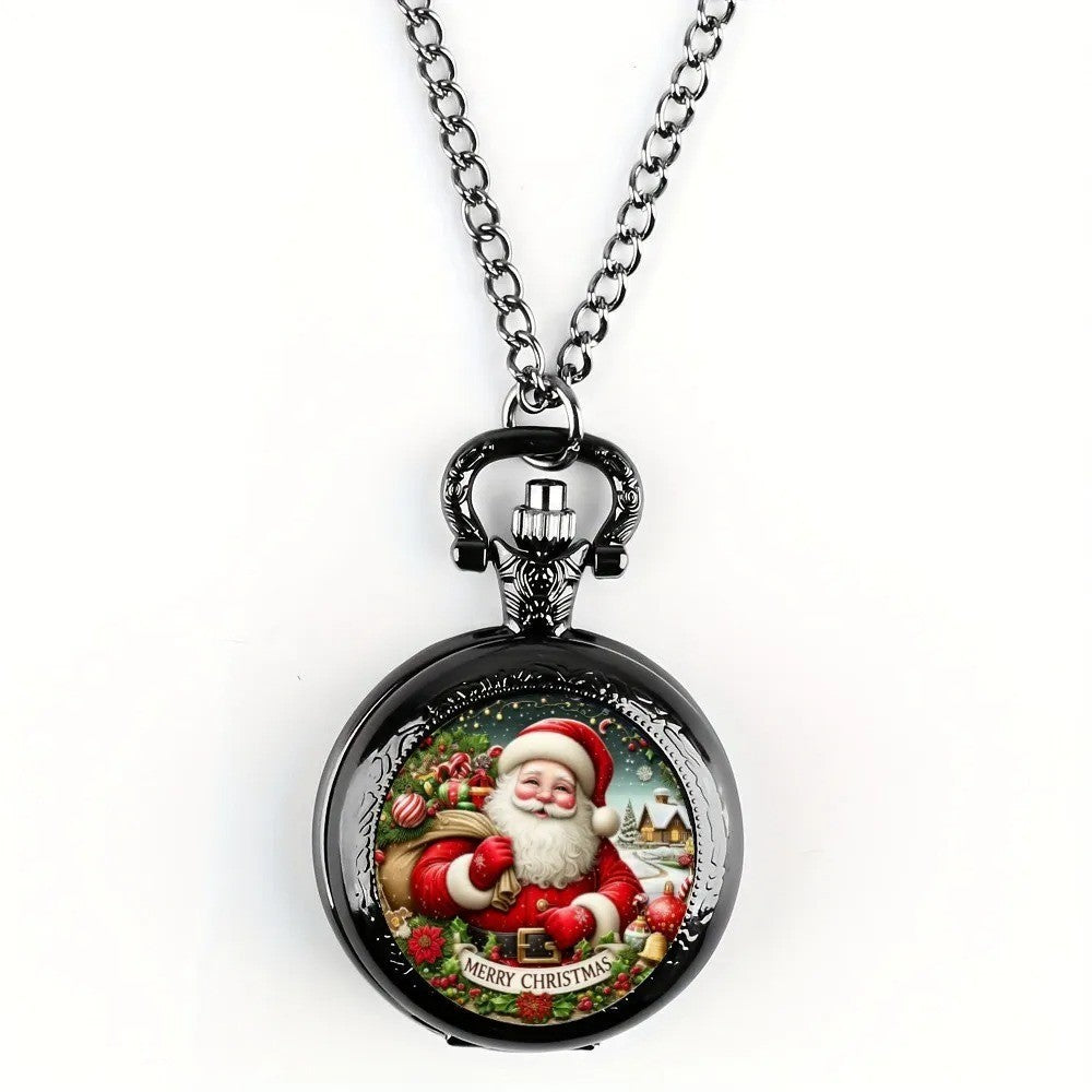 Mini Szie Black Round Santa Claus Design Quartz Pocket Watch