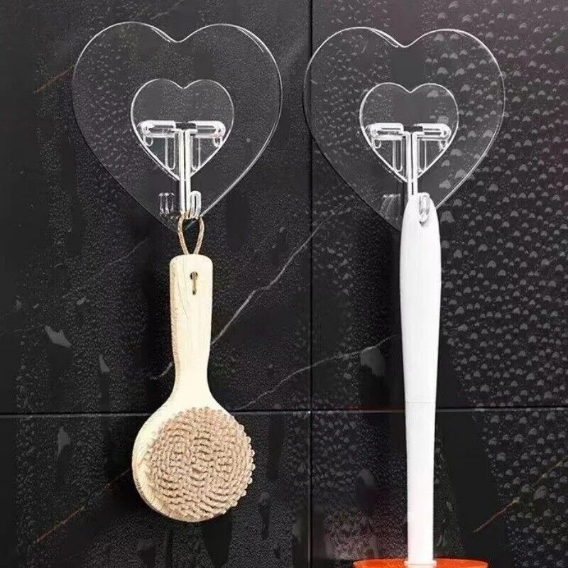 4x Self-Adhesive Transparent Hooks Bathroom Towel Clothes Storage Sticker Heart